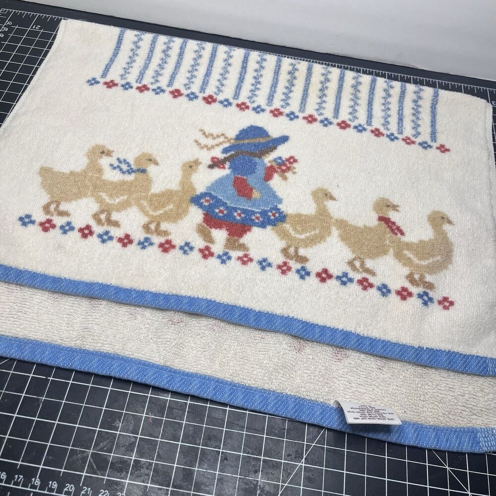 Vintage The Kitchen Works Towel 24x16 Ducks Blue Cream Grandma Core Cottage